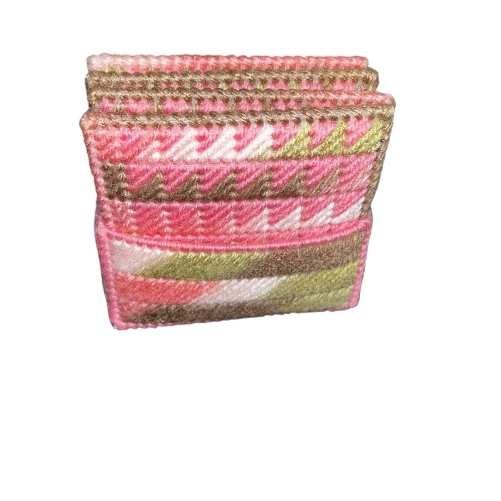 Handmade needlepoint coaster set pink white tan vintage retro